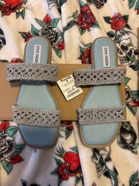 Steve Madden Light Blue Slide Sandals with Beige Woven Straps